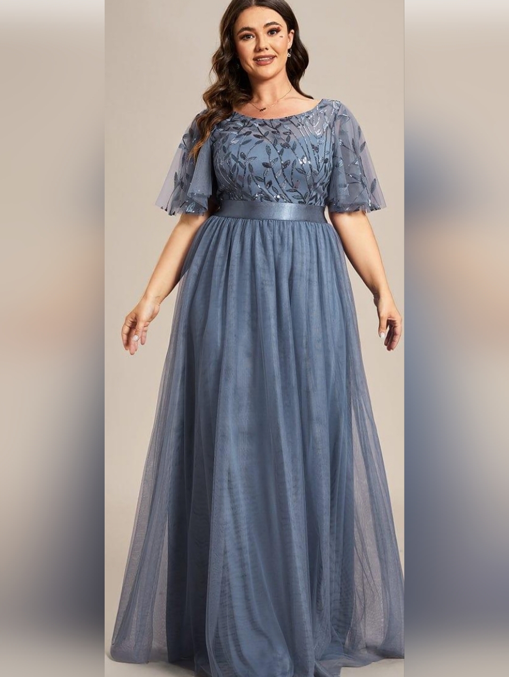 Ever Pretty Dusty Blue Embroidered Tulle Gown